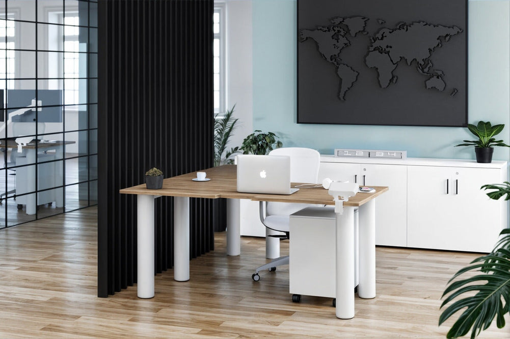 Quadro Cylinder Leg - L Shaped Corner Office Desk  [1400L x 1450W]-black leg dark oak metal modesty panel