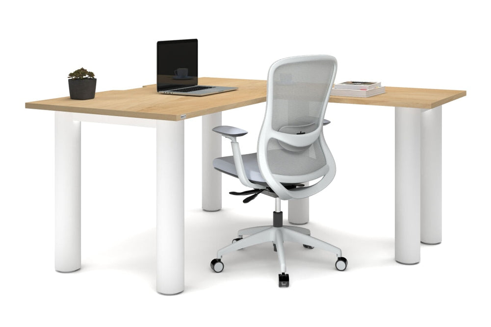 Quadro Cylinder Leg - L Shaped Corner Office Desk  [1400L x 1550W with Cable Scallop]-black leg dark oak metal modesty panel