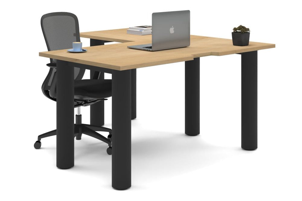 Quadro Cylinder Leg - L Shaped Corner Office Desk  [1400L x 1550W with Cable Scallop]-black leg maple none
