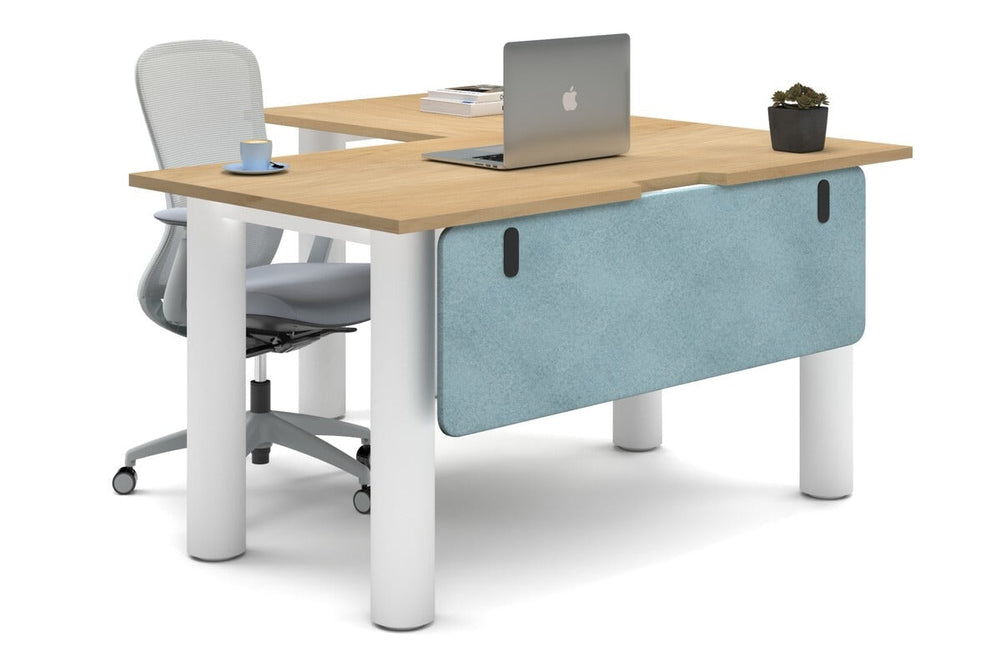 Quadro Cylinder Leg - L Shaped Corner Office Desk  [1400L x 1550W with Cable Scallop]-white leg maple blue acoustic modesty panel (350H x 1200W)