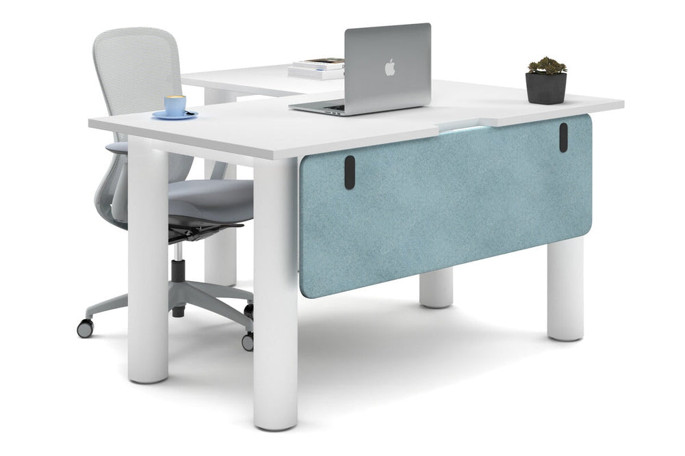 Quadro Cylinder Leg - L Shaped Corner Office Desk  [1400L x 1550W with Cable Scallop]-white leg white blue acoustic modesty panel (350H x 1200W)
