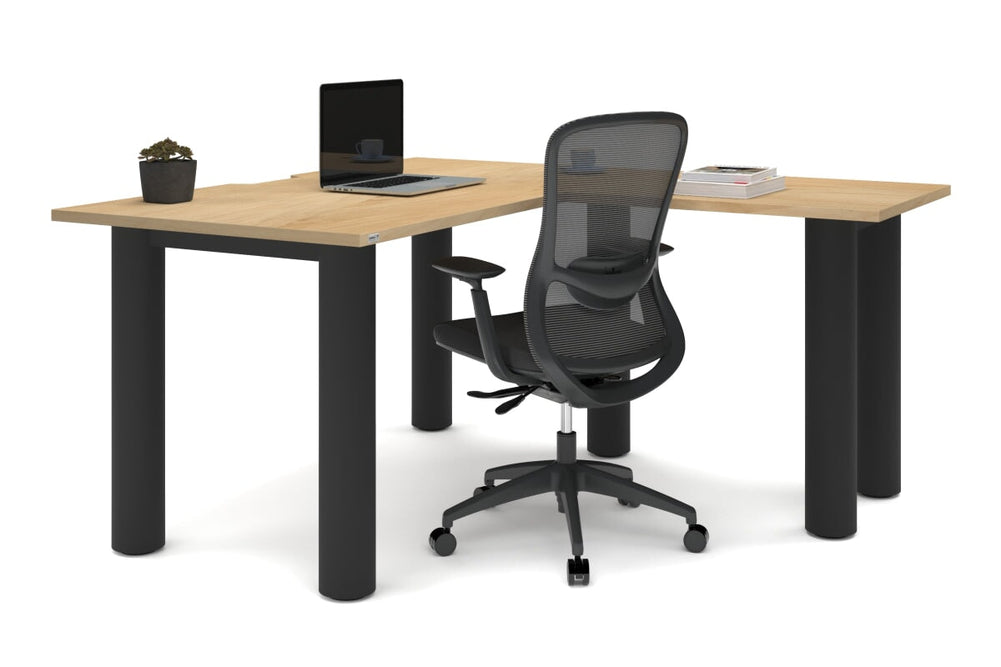 Quadro Cylinder Leg - L Shaped Corner Office Desk  [1400L x 1550W with Cable Scallop]-black leg dark oak metal modesty panel