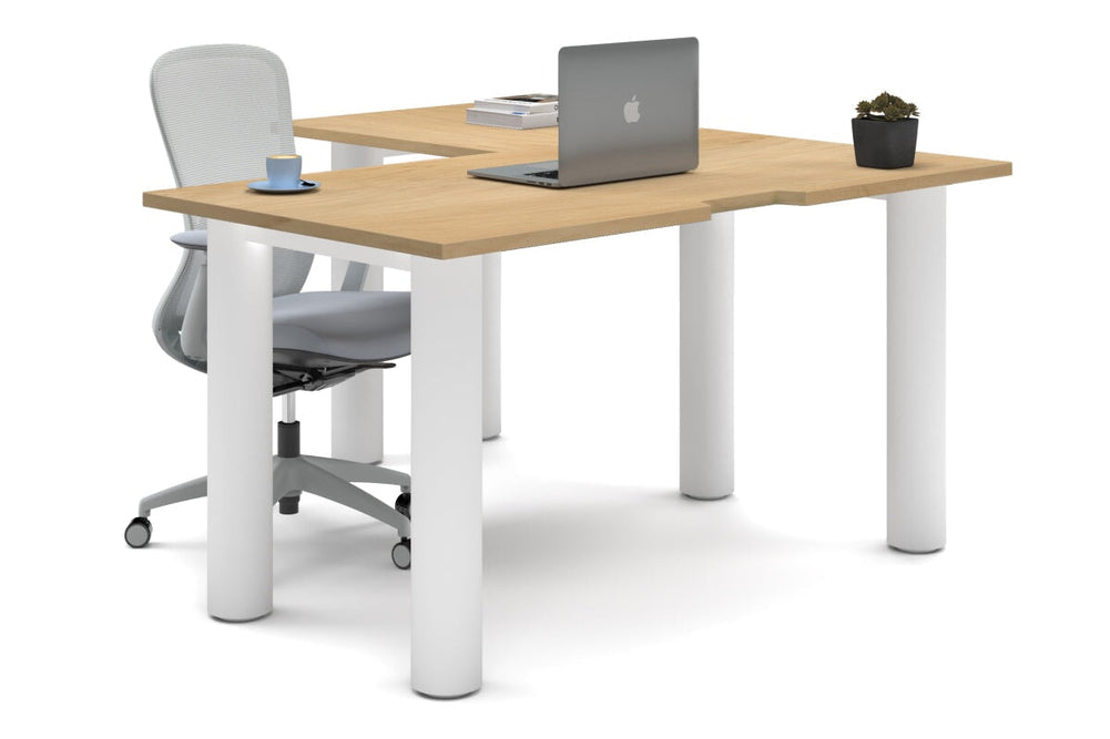 Quadro Cylinder Leg - L Shaped Corner Office Desk  [1400L x 1550W with Cable Scallop]-white leg maple none