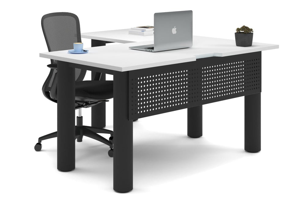 Quadro Cylinder Leg - L Shaped Corner Office Desk  [1400L x 1550W with Cable Scallop]-black leg white metal modesty panel