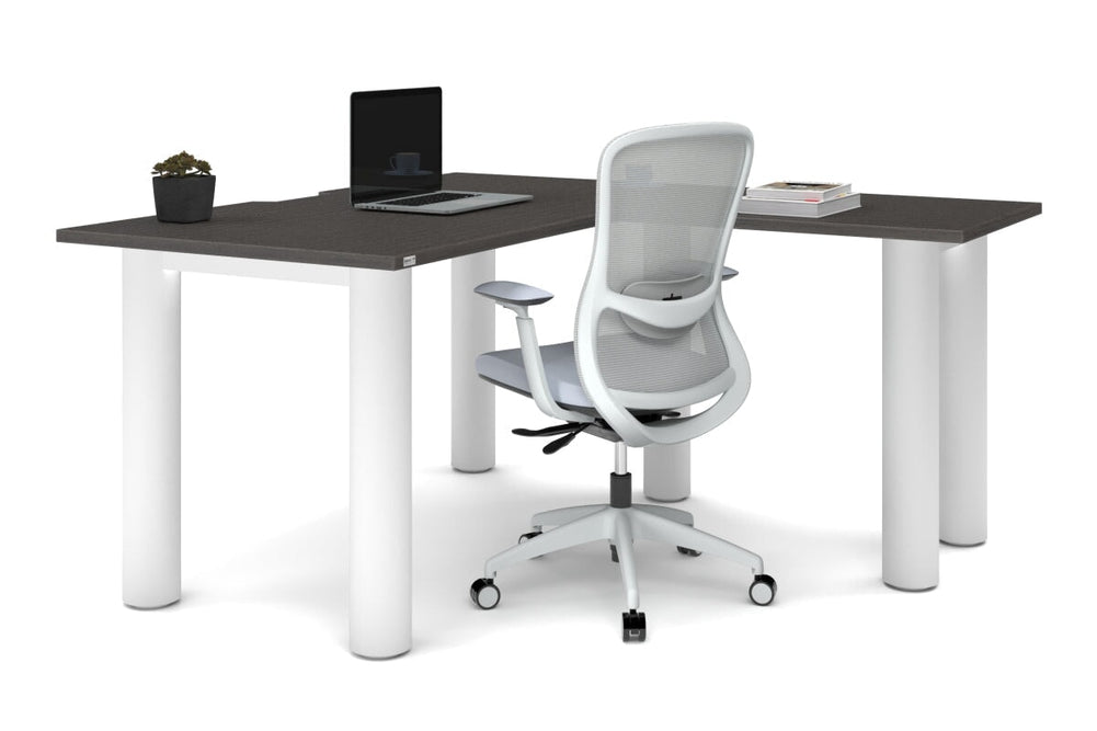 Quadro Cylinder Leg - L Shaped Corner Office Desk  [1400L x 1550W with Cable Scallop]-black leg dark oak metal modesty panel