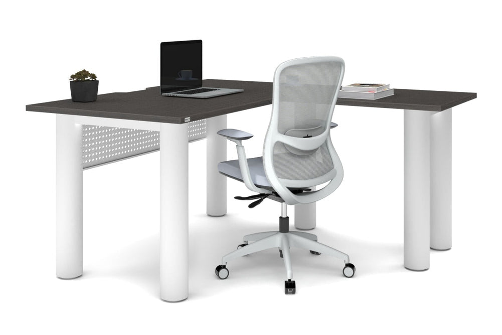 Quadro Cylinder Leg - L Shaped Corner Office Desk  [1400L x 1550W with Cable Scallop]-black leg dark oak metal modesty panel
