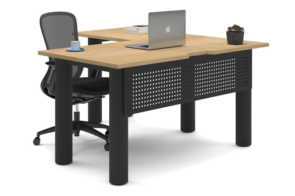 Quadro Cylinder Leg - L Shaped Corner Office Desk  [1400L x 1550W with Cable Scallop]-black leg maple metal modesty panel