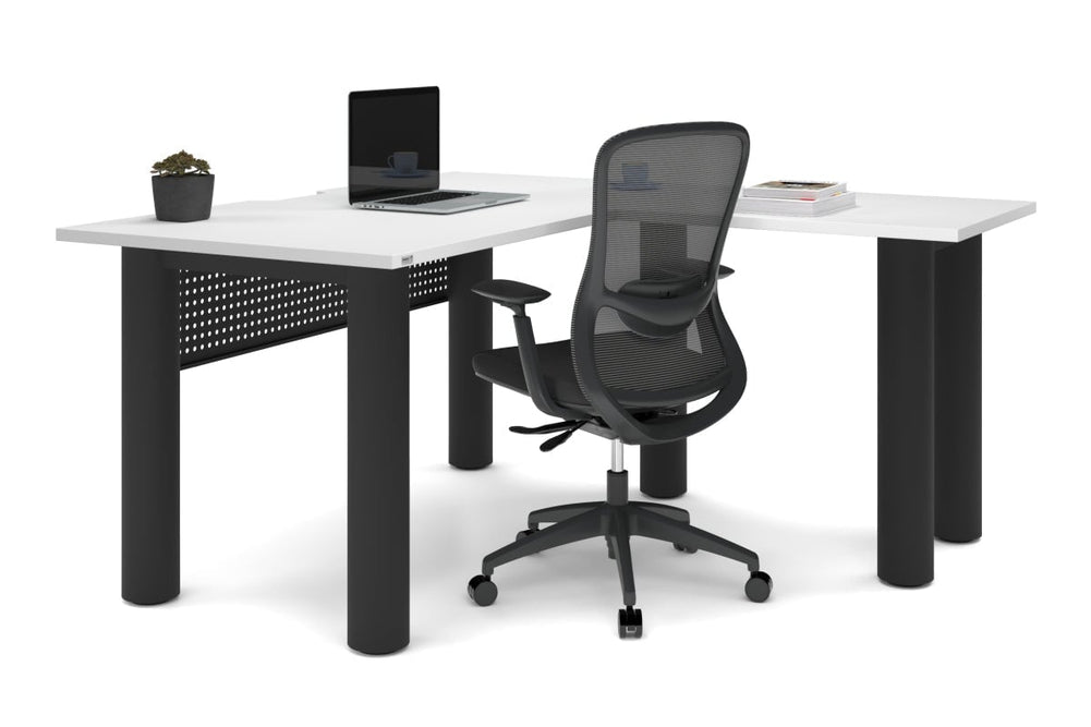 Quadro Cylinder Leg - L Shaped Corner Office Desk  [1400L x 1550W with Cable Scallop]-black leg dark oak metal modesty panel