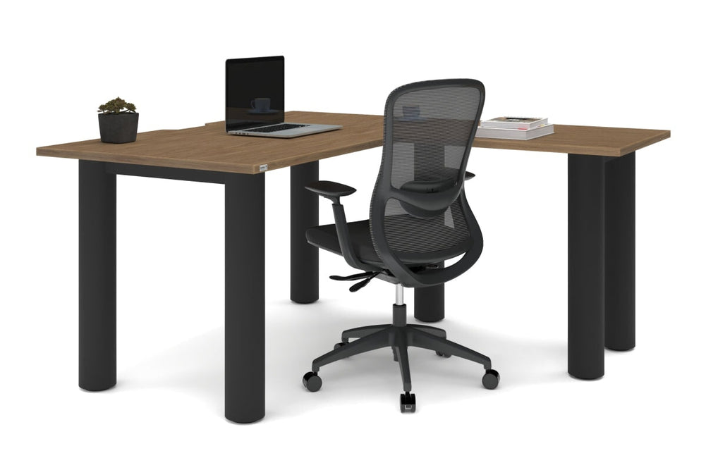 Quadro Cylinder Leg - L Shaped Corner Office Desk  [1400L x 1550W with Cable Scallop]-black leg dark oak metal modesty panel