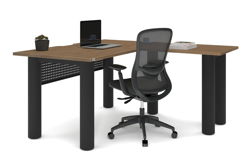 Quadro Cylinder Leg - L Shaped Corner Office Desk  [1400L x 1550W with Cable Scallop]-black leg dark oak metal modesty panel