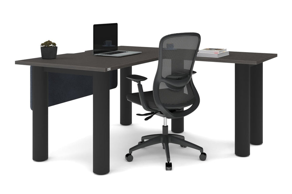 Quadro Cylinder Leg - L Shaped Corner Office Desk  [1400L x 1550W with Cable Scallop]-black leg dark oak metal modesty panel