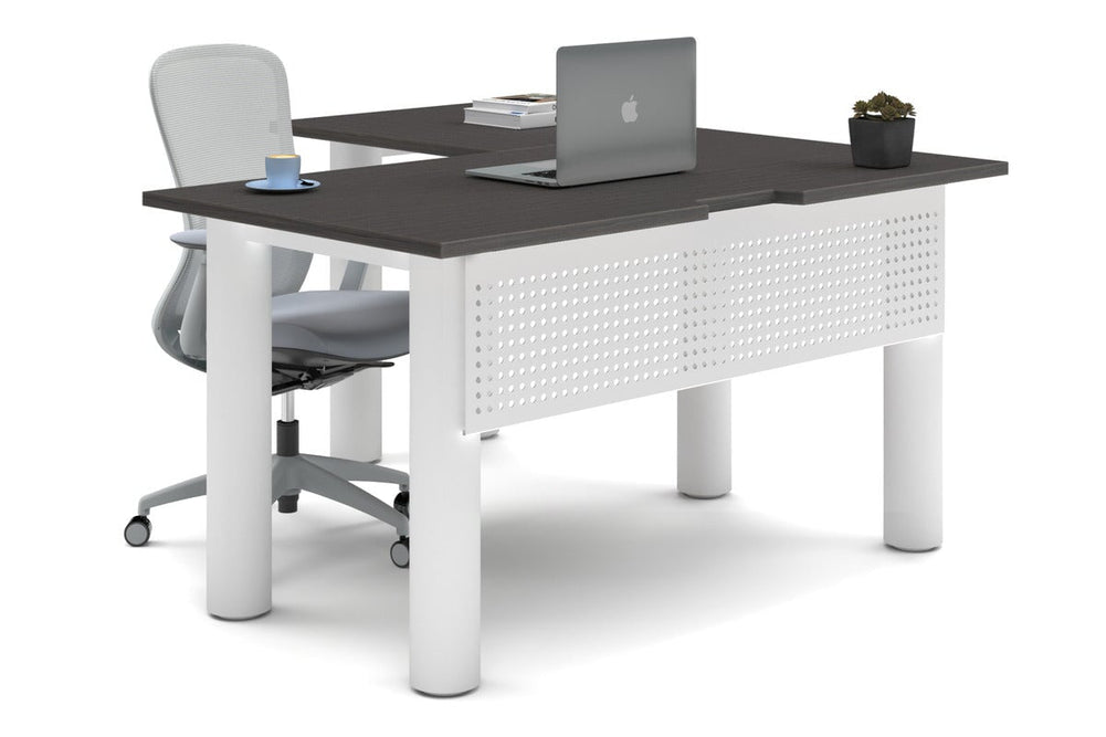 Quadro Cylinder Leg - L Shaped Corner Office Desk  [1400L x 1550W with Cable Scallop]-white leg dark oak metal modesty panel
