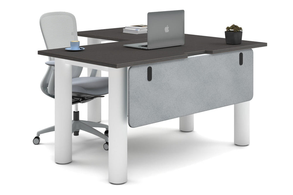Quadro Cylinder Leg - L Shaped Corner Office Desk  [1400L x 1550W with Cable Scallop]-white leg dark oak light grey acoustic modesty panel (350H x 1200W)