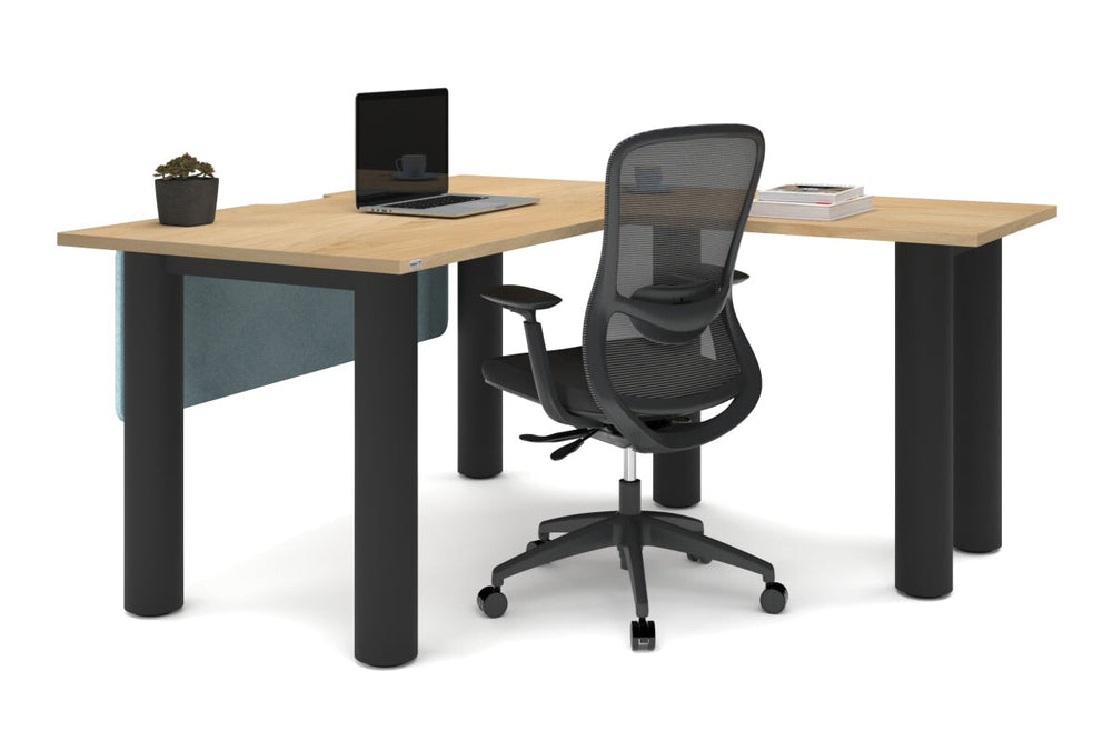 Quadro Cylinder Leg - L Shaped Corner Office Desk  [1400L x 1550W with Cable Scallop]-black leg dark oak metal modesty panel