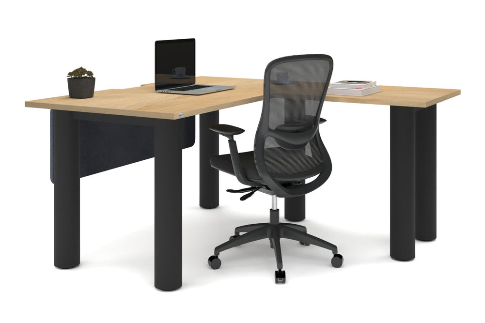 Quadro Cylinder Leg - L Shaped Corner Office Desk  [1400L x 1550W with Cable Scallop]-black leg dark oak metal modesty panel