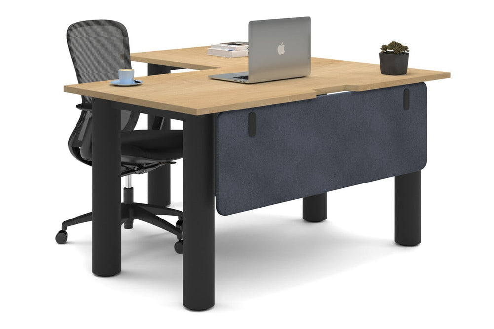 Quadro Cylinder Leg - L Shaped Corner Office Desk  [1400L x 1550W with Cable Scallop]-black leg maple dark grey acoustic modesty panel (350H x 1200W)