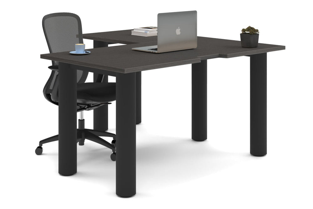 Quadro Cylinder Leg - L Shaped Corner Office Desk  [1400L x 1550W with Cable Scallop]-black leg dark oak none