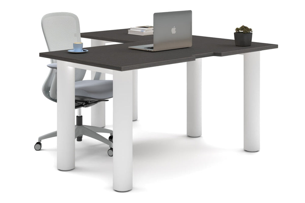Quadro Cylinder Leg - L Shaped Corner Office Desk  [1400L x 1550W with Cable Scallop]-white leg dark oak none