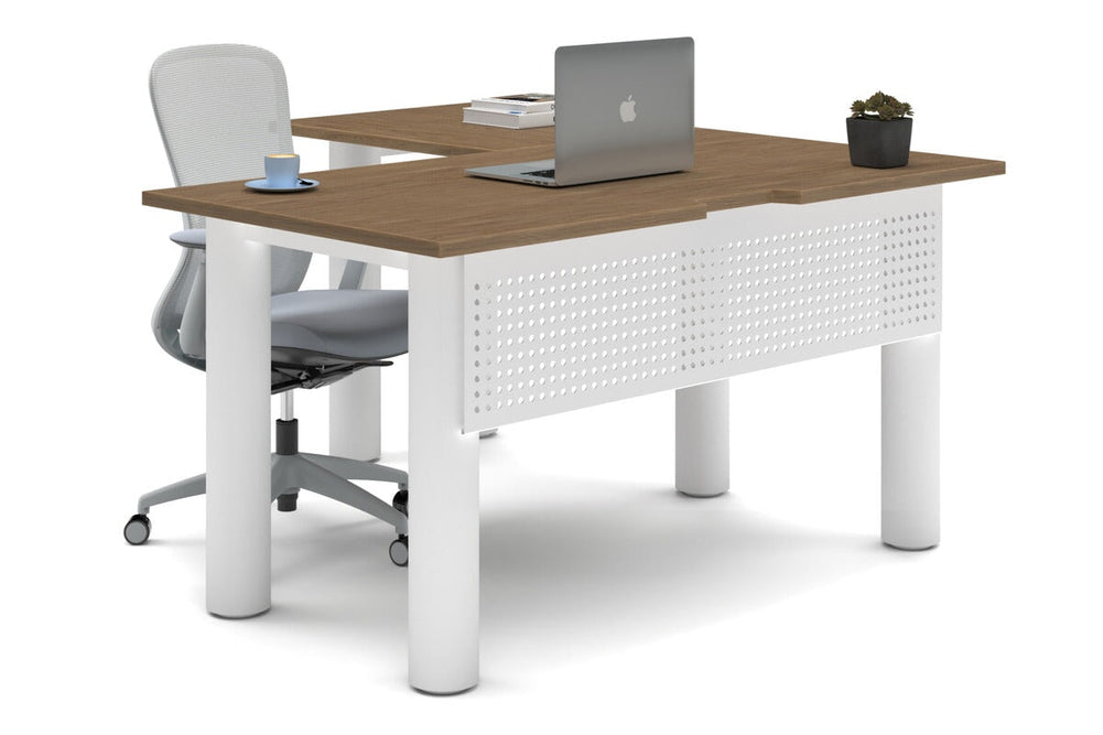 Quadro Cylinder Leg - L Shaped Corner Office Desk  [1400L x 1550W with Cable Scallop]-white leg salvage oak metal modesty panel