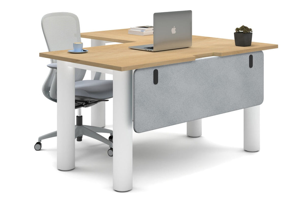 Quadro Cylinder Leg - L Shaped Corner Office Desk  [1400L x 1550W with Cable Scallop]-white leg maple light grey acoustic modesty panel (350H x 1200W)