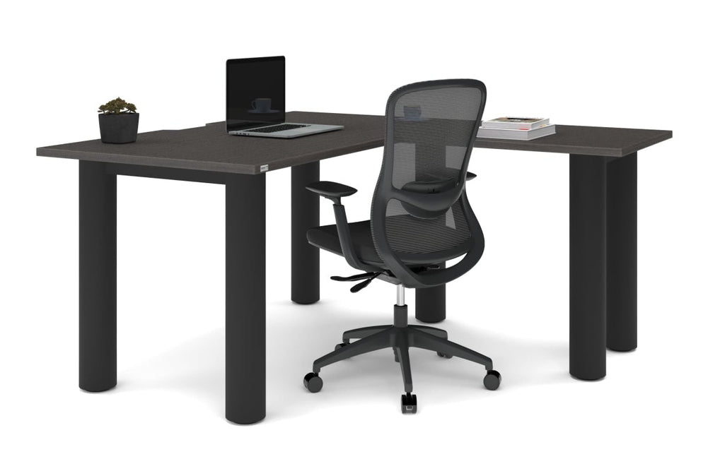 Quadro Cylinder Leg - L Shaped Corner Office Desk  [1400L x 1550W with Cable Scallop]-black leg dark oak metal modesty panel
