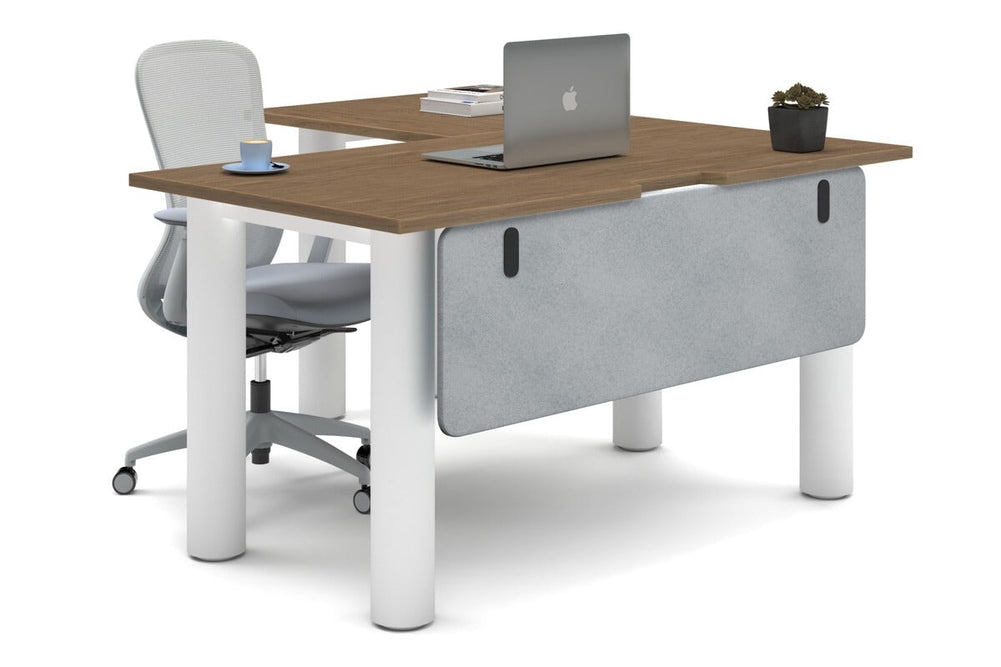 Quadro Cylinder Leg - L Shaped Corner Office Desk  [1400L x 1550W with Cable Scallop]-white leg salvage oak light grey acoustic modesty panel (350H x 1200W)