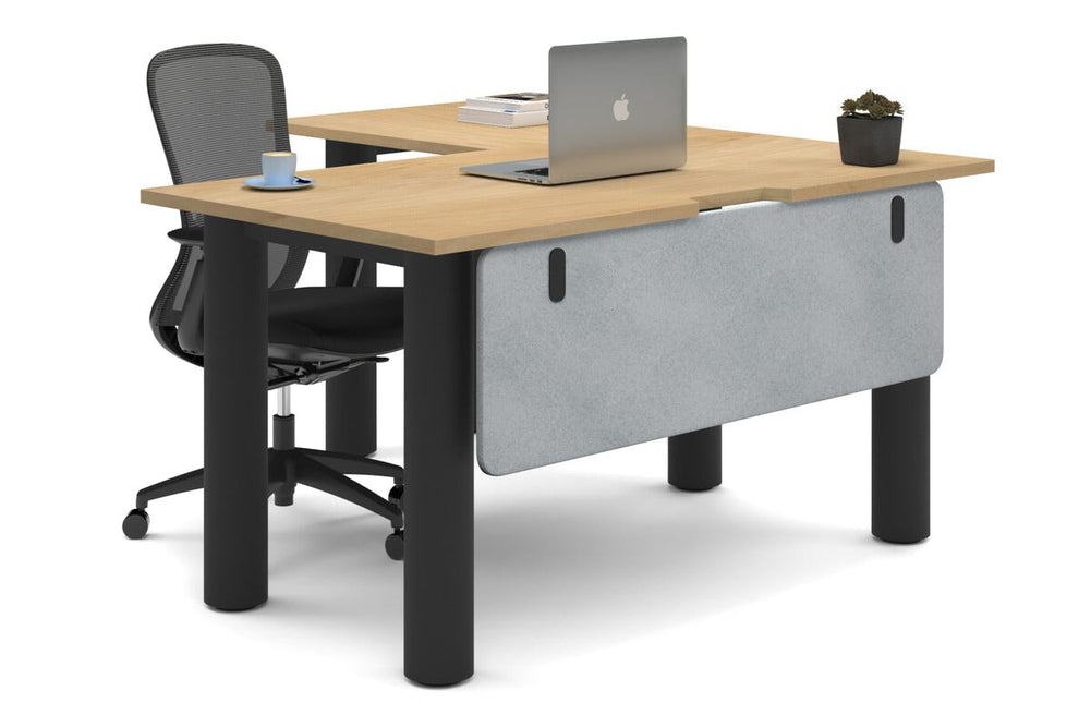 Quadro Cylinder Leg - L Shaped Corner Office Desk  [1400L x 1550W with Cable Scallop]-black leg maple light grey acoustic modesty panel (350H x 1200W)