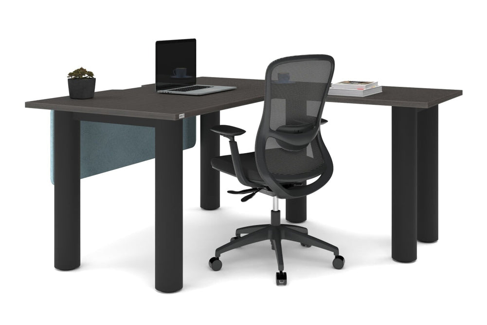 Quadro Cylinder Leg - L Shaped Corner Office Desk  [1400L x 1550W with Cable Scallop]-black leg dark oak metal modesty panel