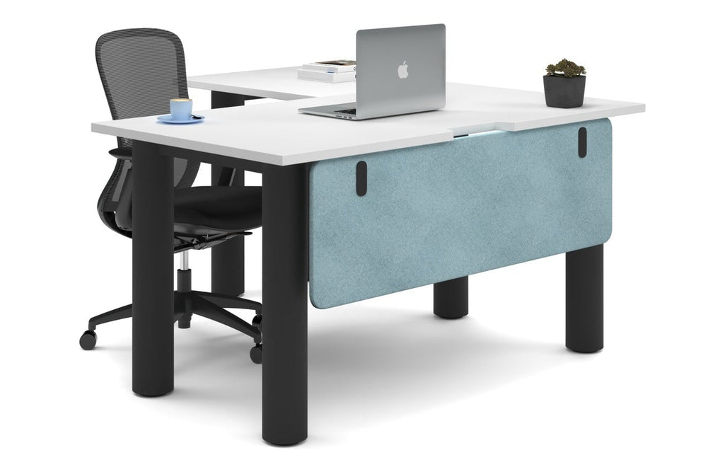 Quadro Cylinder Leg - L Shaped Corner Office Desk  [1400L x 1550W with Cable Scallop]-black leg white blue acoustic modesty panel (350H x 1200W)