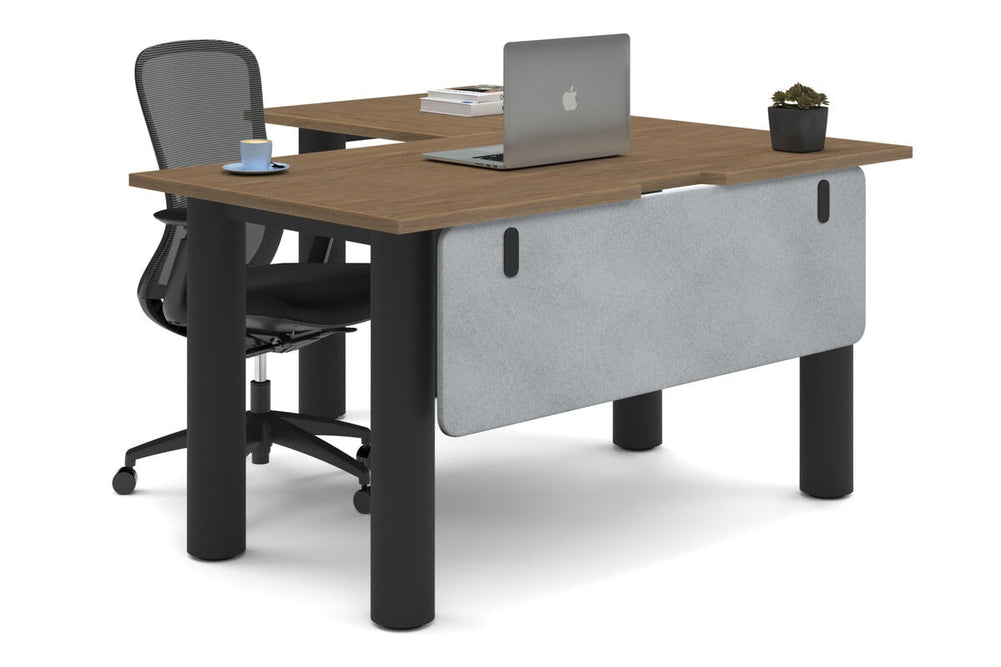 Quadro Cylinder Leg - L Shaped Corner Office Desk  [1400L x 1550W with Cable Scallop]-black leg salvage oak light grey acoustic modesty panel (350H x 1200W)