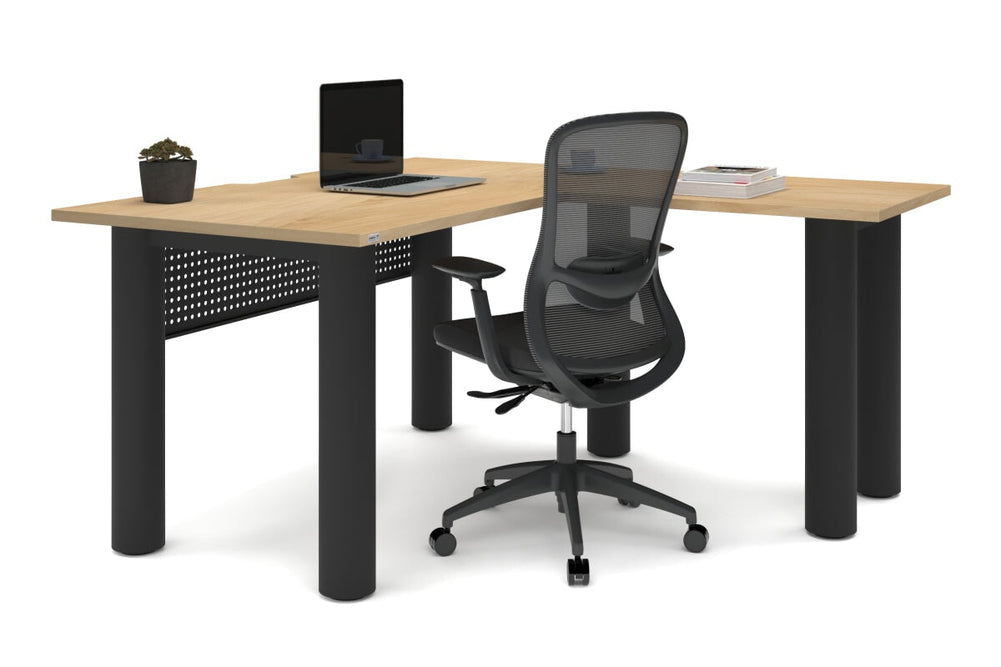 Quadro Cylinder Leg - L Shaped Corner Office Desk  [1400L x 1550W with Cable Scallop]-black leg dark oak metal modesty panel
