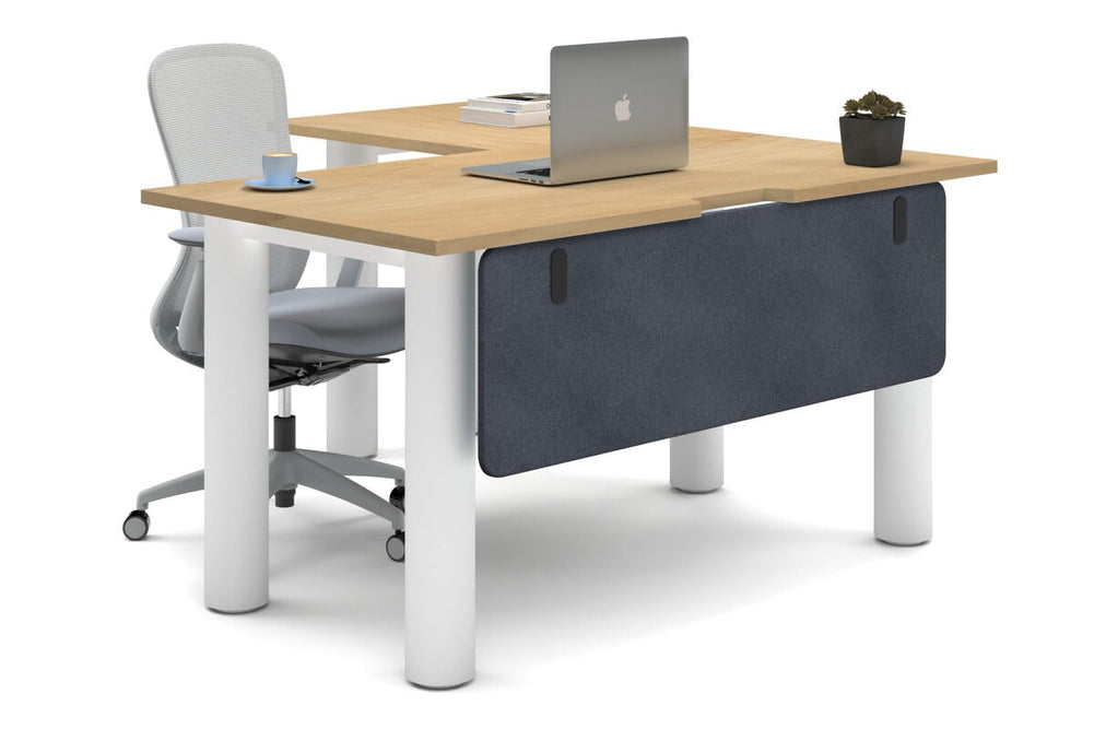 Quadro Cylinder Leg - L Shaped Corner Office Desk  [1400L x 1550W with Cable Scallop]-white leg maple dark grey acoustic modesty panel (350H x 1200W)