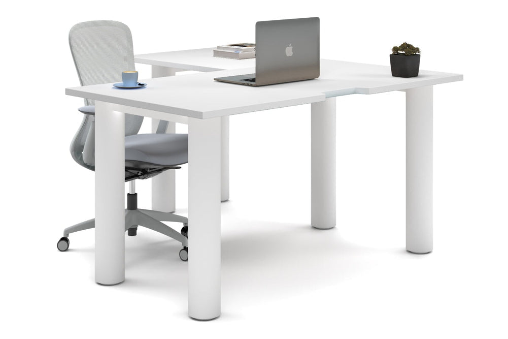 Quadro Cylinder Leg - L Shaped Corner Office Desk  [1400L x 1550W with Cable Scallop]-white leg white none