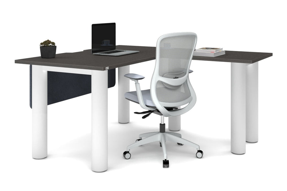Quadro Cylinder Leg - L Shaped Corner Office Desk  [1400L x 1550W with Cable Scallop]-black leg dark oak metal modesty panel