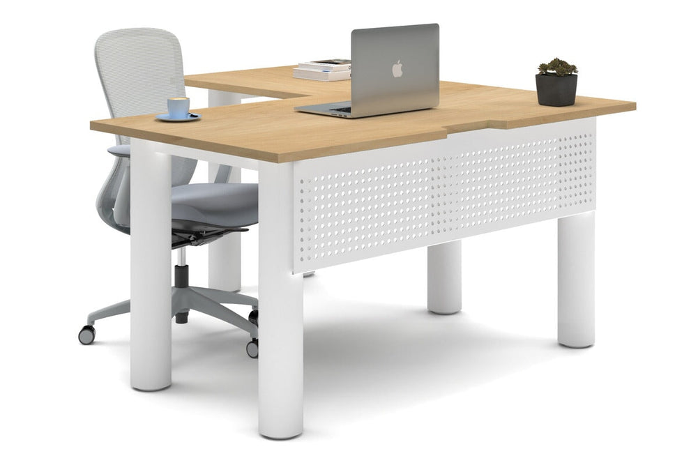 Quadro Cylinder Leg - L Shaped Corner Office Desk  [1400L x 1550W with Cable Scallop]-white leg maple metal modesty panel