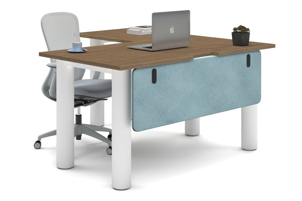 Quadro Cylinder Leg - L Shaped Corner Office Desk  [1400L x 1550W with Cable Scallop]-white leg salvage oak blue acoustic modesty panel (350H x 1200W)