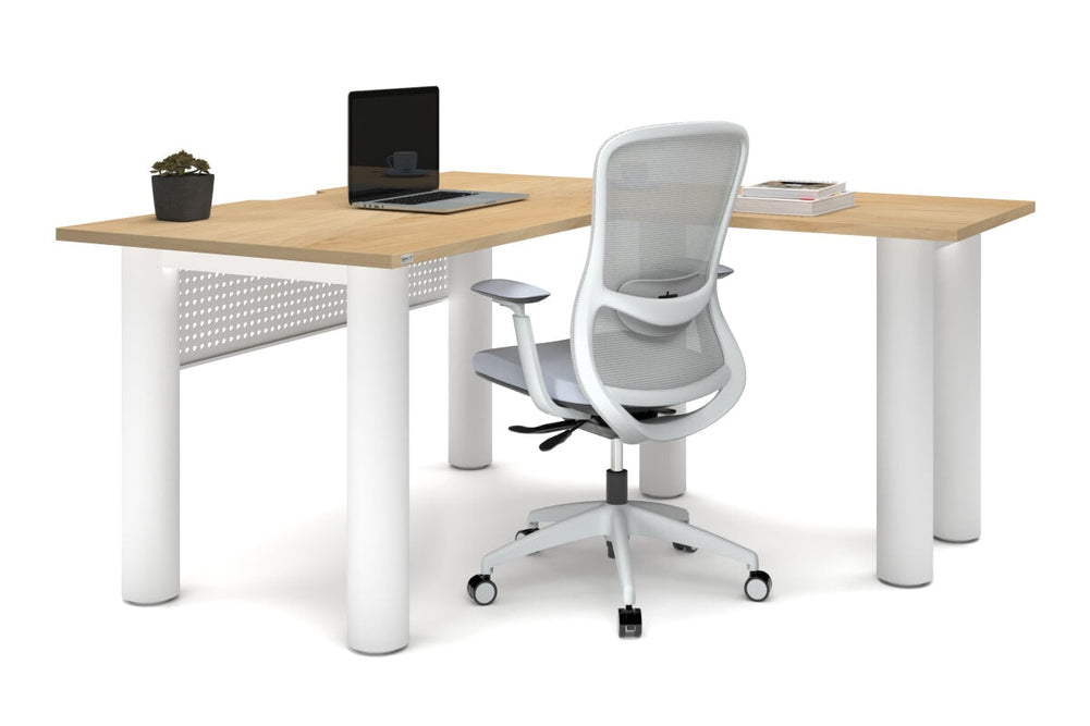 Quadro Cylinder Leg - L Shaped Corner Office Desk  [1400L x 1550W with Cable Scallop]-black leg dark oak metal modesty panel