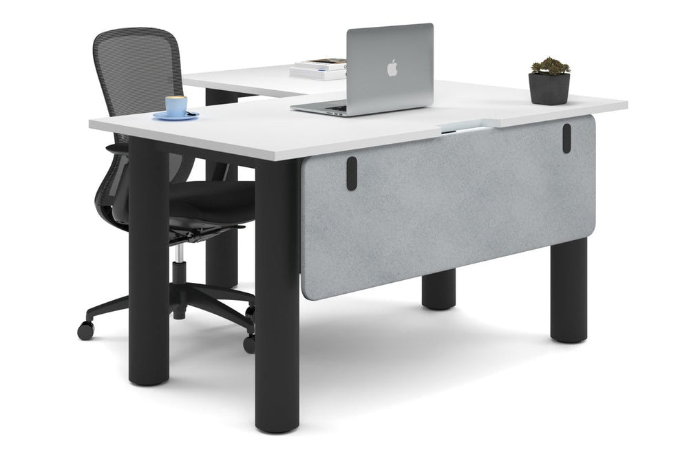 Quadro Cylinder Leg - L Shaped Corner Office Desk  [1400L x 1550W with Cable Scallop]-black leg white light grey acoustic modesty panel (350H x 1200W)