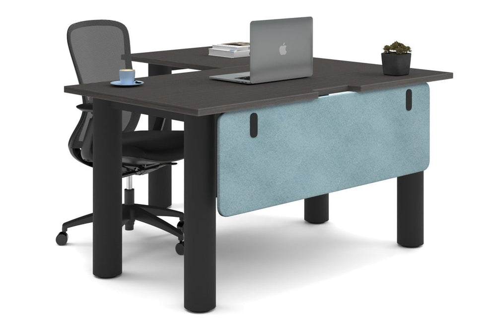 Quadro Cylinder Leg - L Shaped Corner Office Desk  [1400L x 1550W with Cable Scallop]-black leg dark oak blue acoustic modesty panel (350H x 1200W)