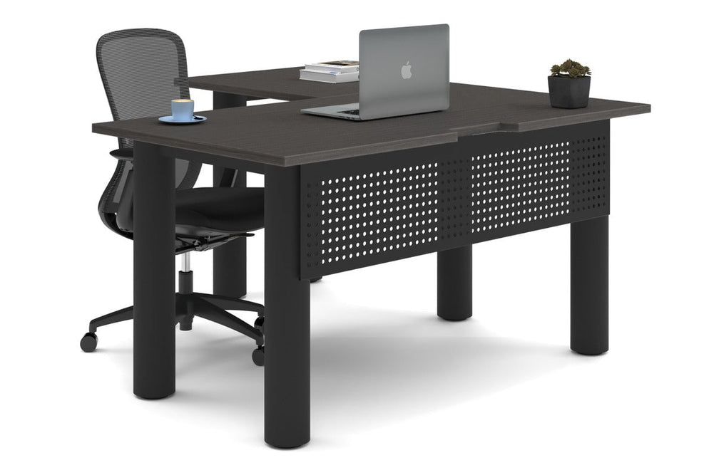 Quadro Cylinder Leg - L Shaped Corner Office Desk  [1400L x 1550W with Cable Scallop]-black leg dark oak metal modesty panel