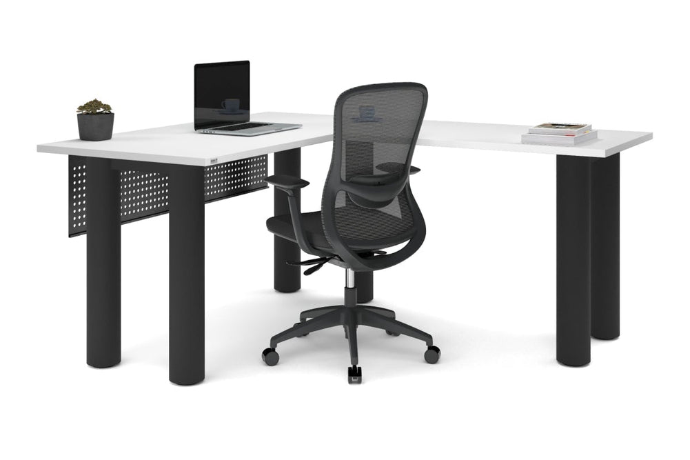 Quadro Cylinder Leg - L Shaped Corner Office Desk  [1400L x 1700W]-black leg dark oak metal modesty panel