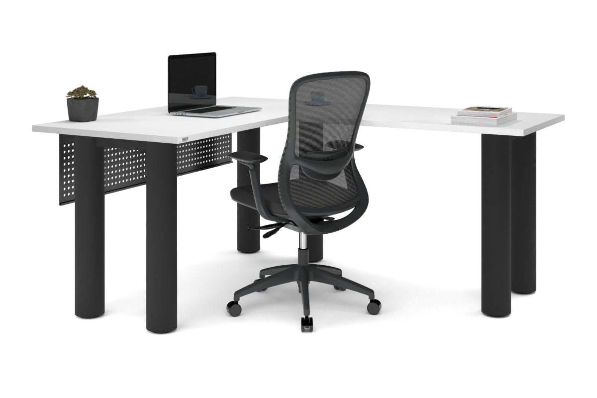 Quadro Cylinder Leg - L Shaped Corner Office Desk  [1400L x 1700W]-black leg dark oak metal modesty panel