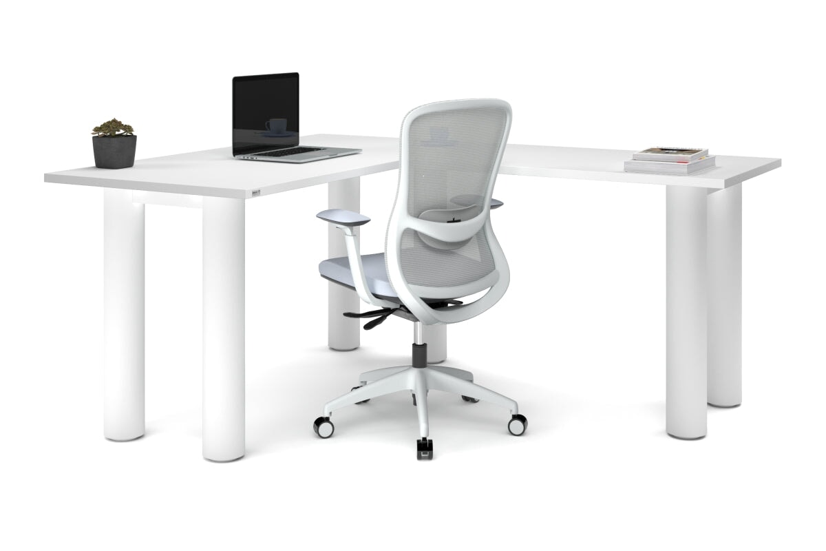 Quadro Cylinder Leg - L Shaped Corner Office Desk  [1400L x 1700W]-black leg dark oak metal modesty panel