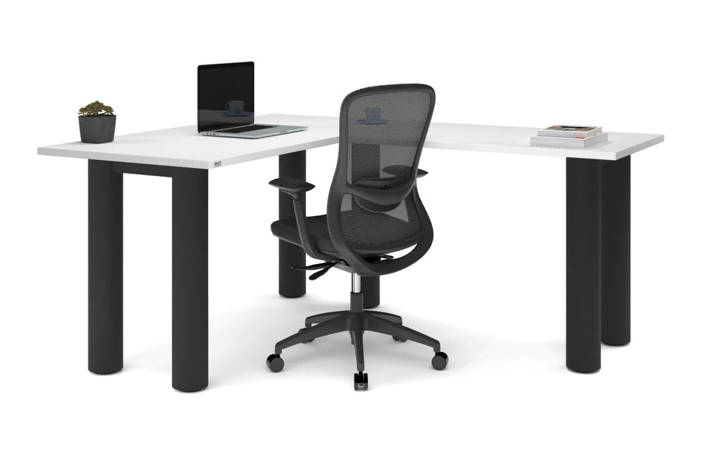 Quadro Cylinder Leg - L Shaped Corner Office Desk  [1400L x 1700W]-black leg dark oak metal modesty panel