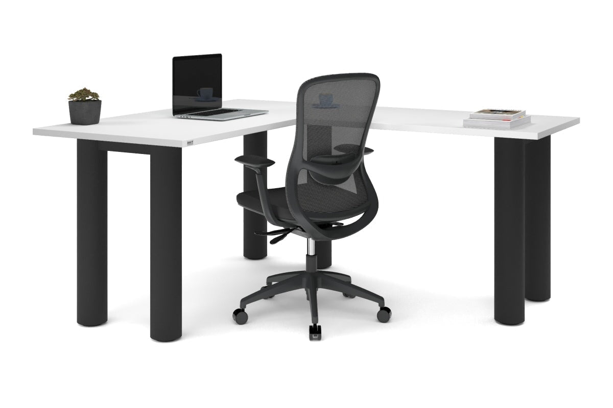 Quadro Cylinder Leg - L Shaped Corner Office Desk  [1400L x 1700W]-black leg dark oak metal modesty panel