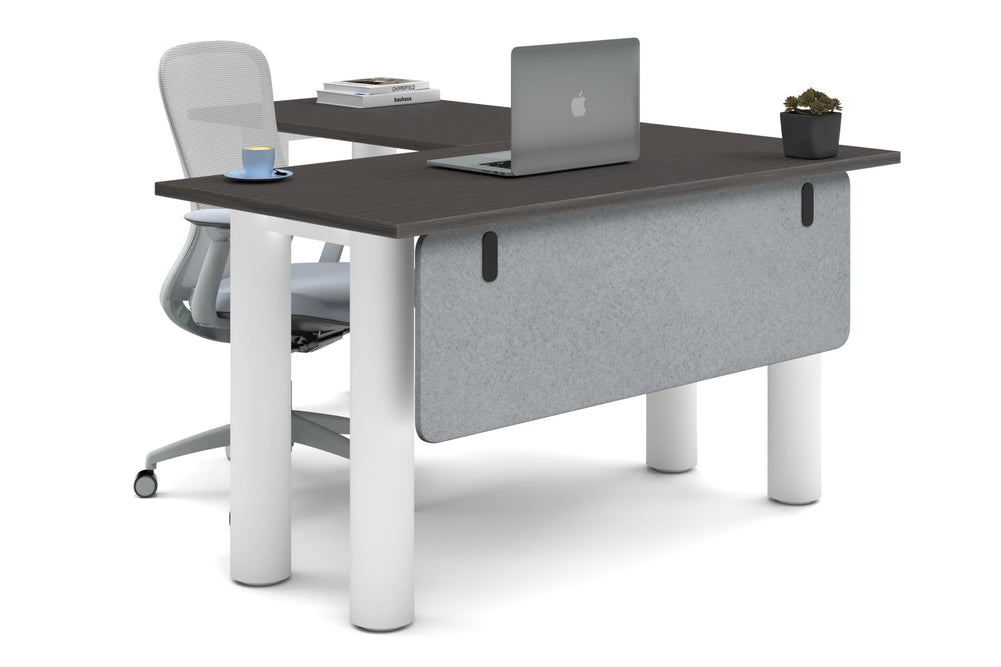 Quadro Cylinder Leg - L Shaped Corner Office Desk  [1400L x 1700W]-white leg dark oak light grey acoustic modesty panel (350H x 1200W)