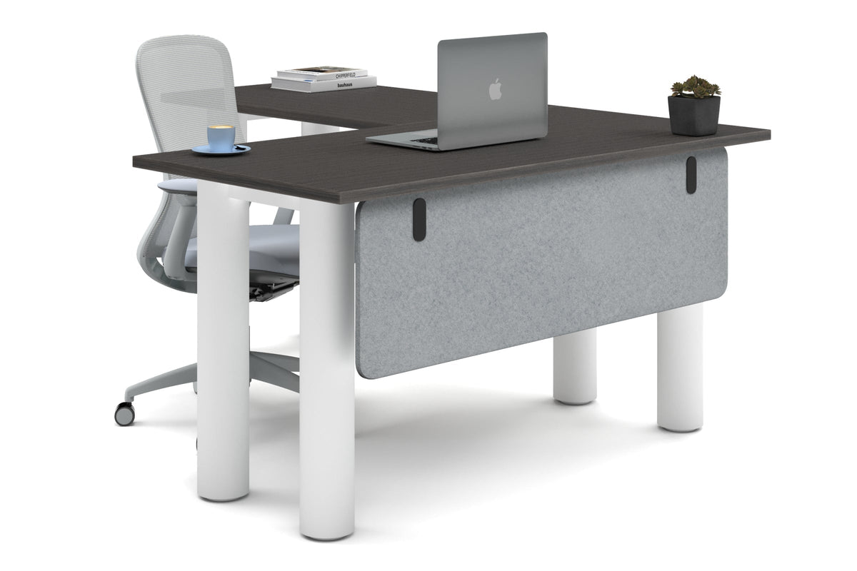 Quadro Cylinder Leg - L Shaped Corner Office Desk  [1400L x 1700W]-white leg dark oak light grey acoustic modesty panel (350H x 1200W)