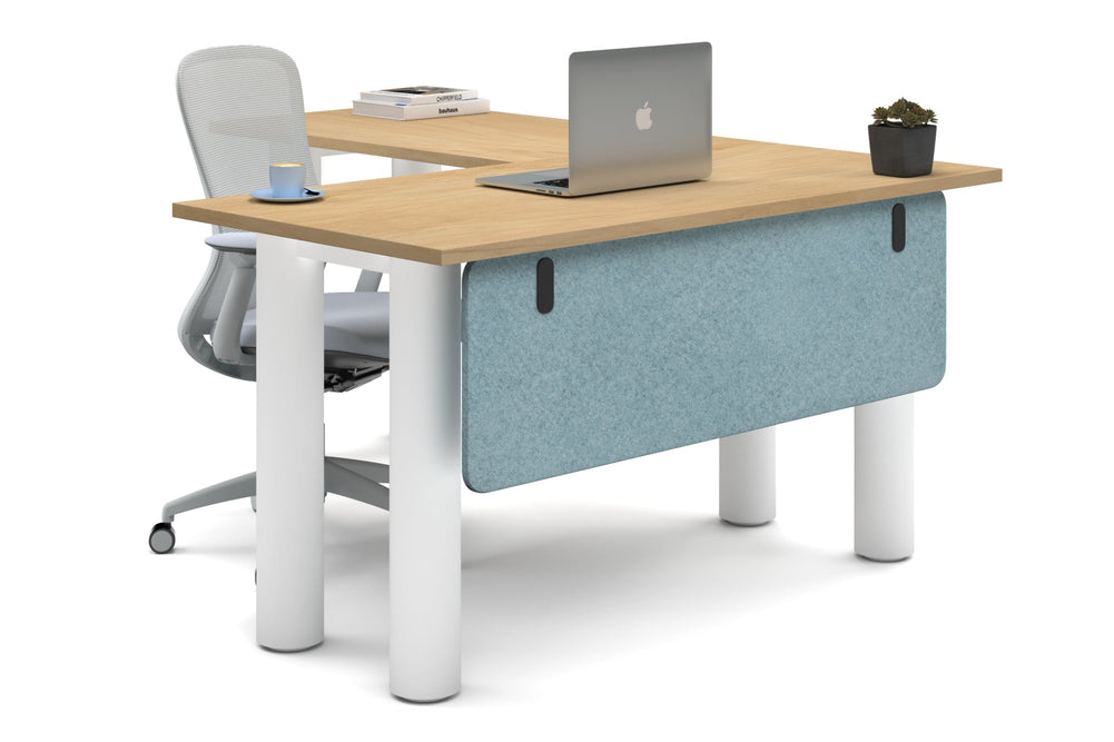 Quadro Cylinder Leg - L Shaped Corner Office Desk  [1400L x 1700W]-white leg maple blue acoustic modesty panel (350H x 1200W)