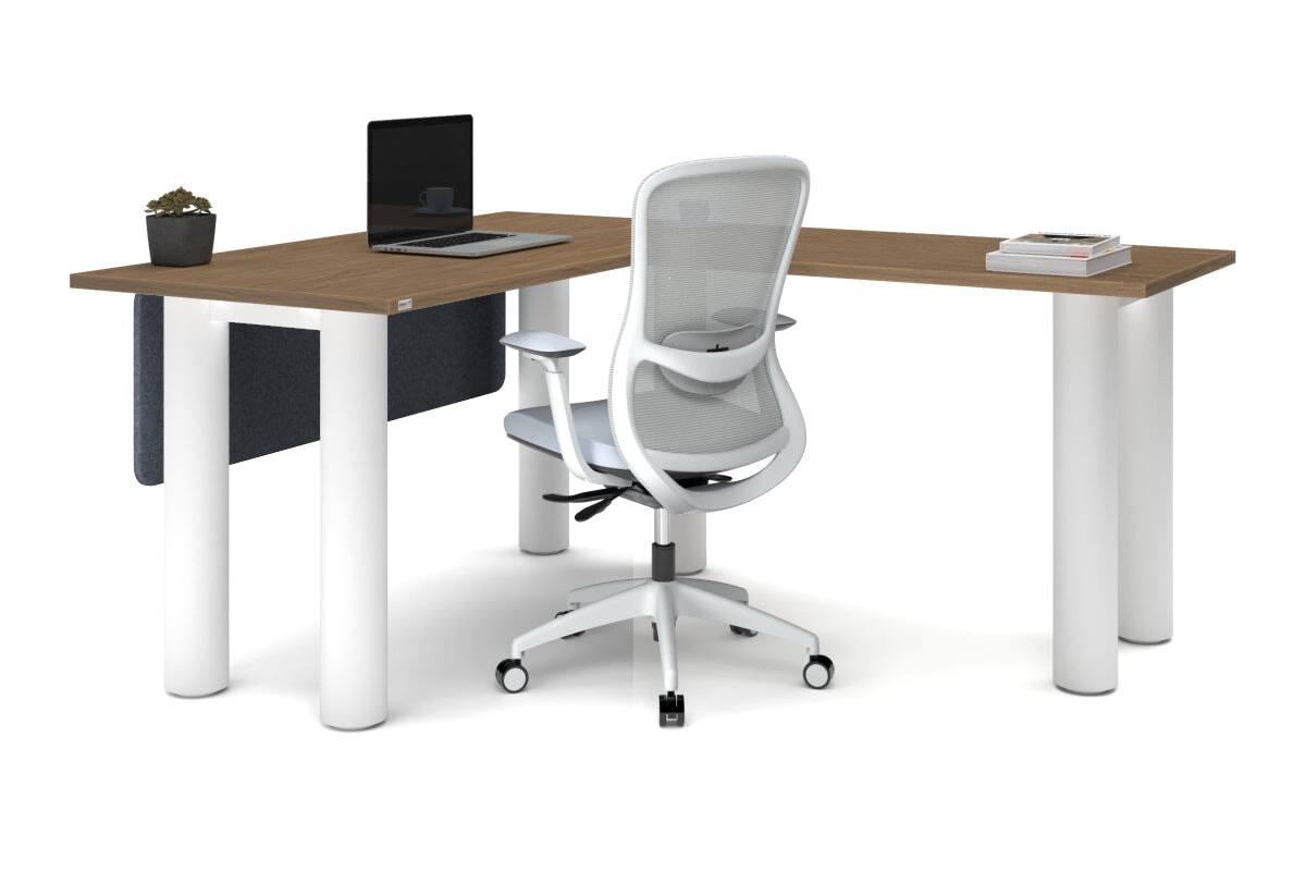 Quadro Cylinder Leg - L Shaped Corner Office Desk  [1400L x 1700W]-black leg dark oak metal modesty panel