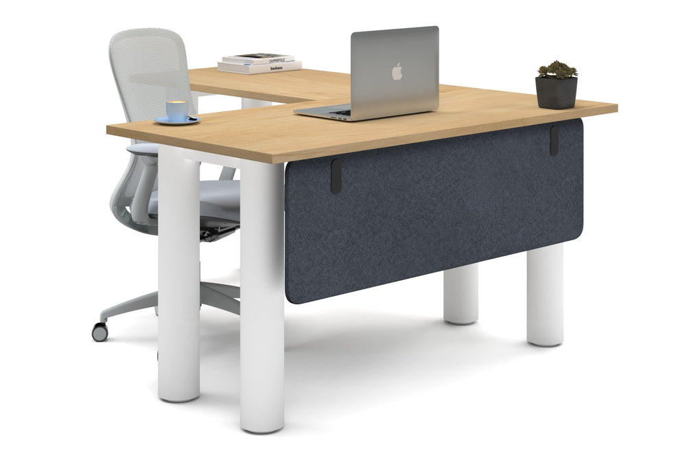 Quadro Cylinder Leg - L Shaped Corner Office Desk  [1400L x 1700W]-white leg maple dark grey acoustic modesty panel (350H x 1200W)